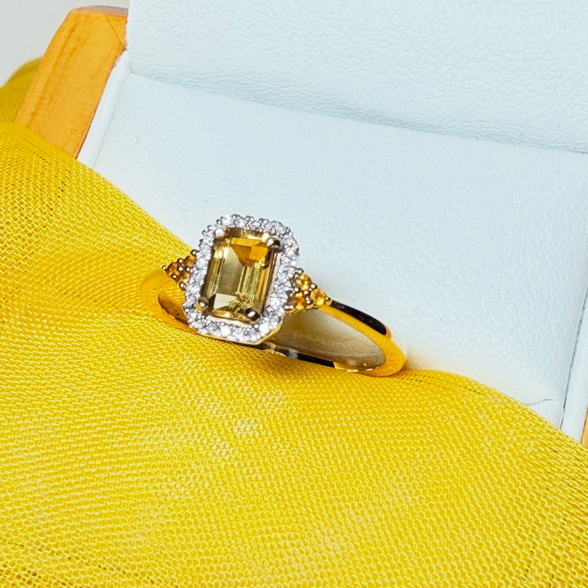 Citrine and diamond yellow gold octagonal cluster ring