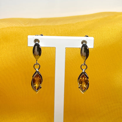 Citrine sterling silver marquise shaped drop earrings