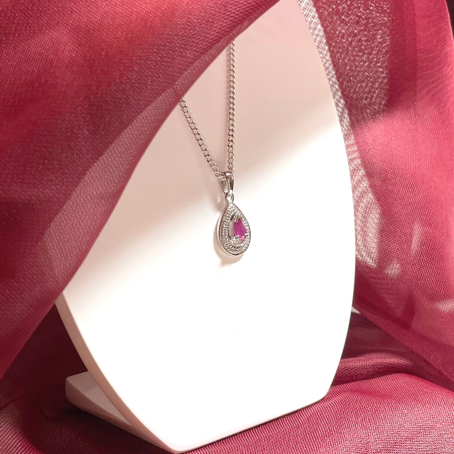 Classic Teardrop Ruby And Diamond Sterling Silver Necklace Pendant