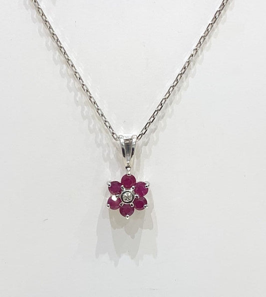 Cluster Ruby And Diamond White Gold Necklace