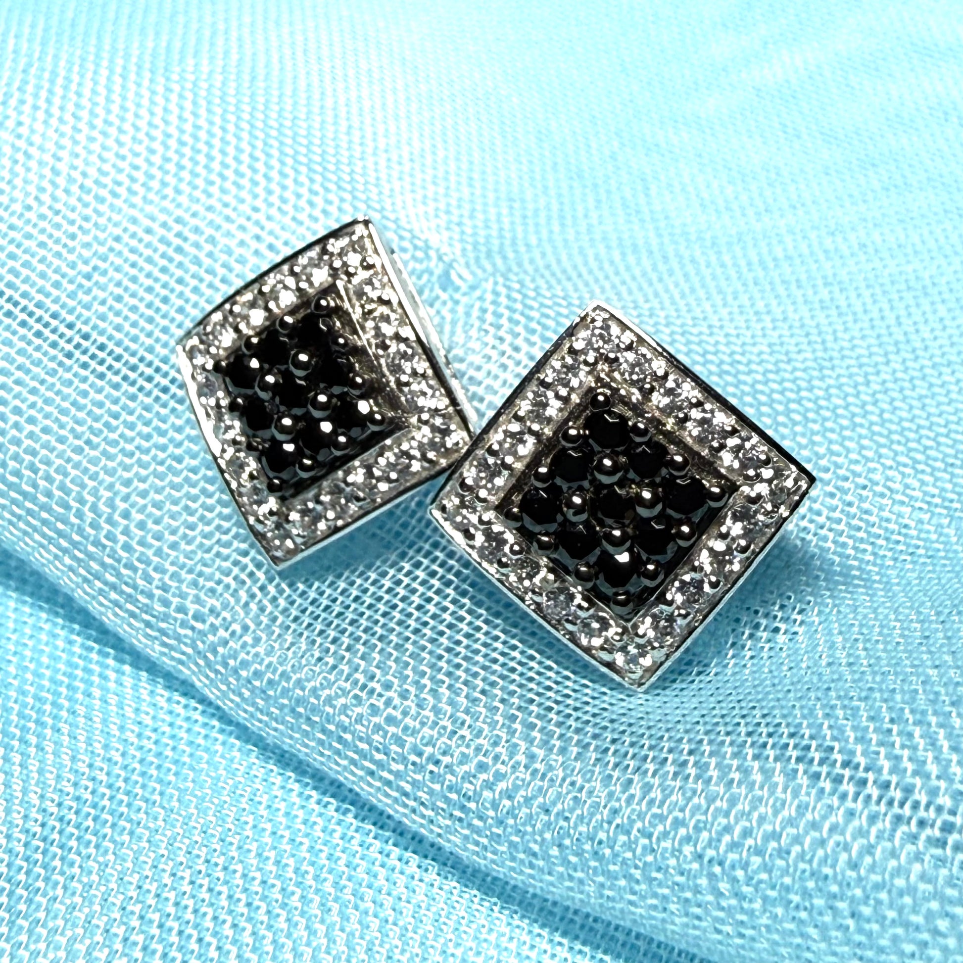 Cluster earrings black and white cubic zirconia square white gold