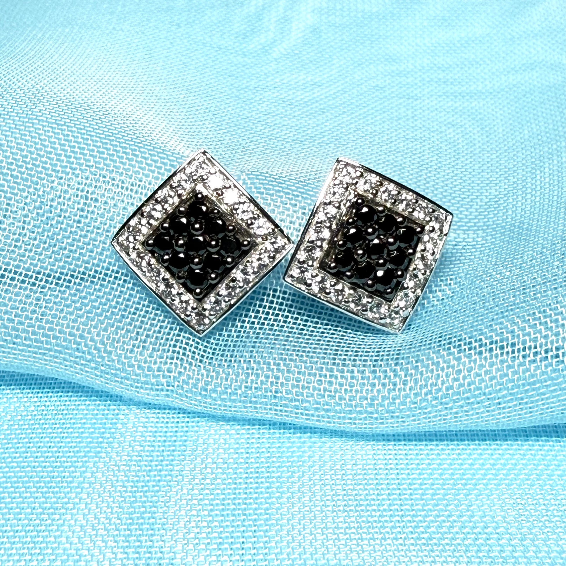 Cluster earrings black and white cubic zirconia square white gold