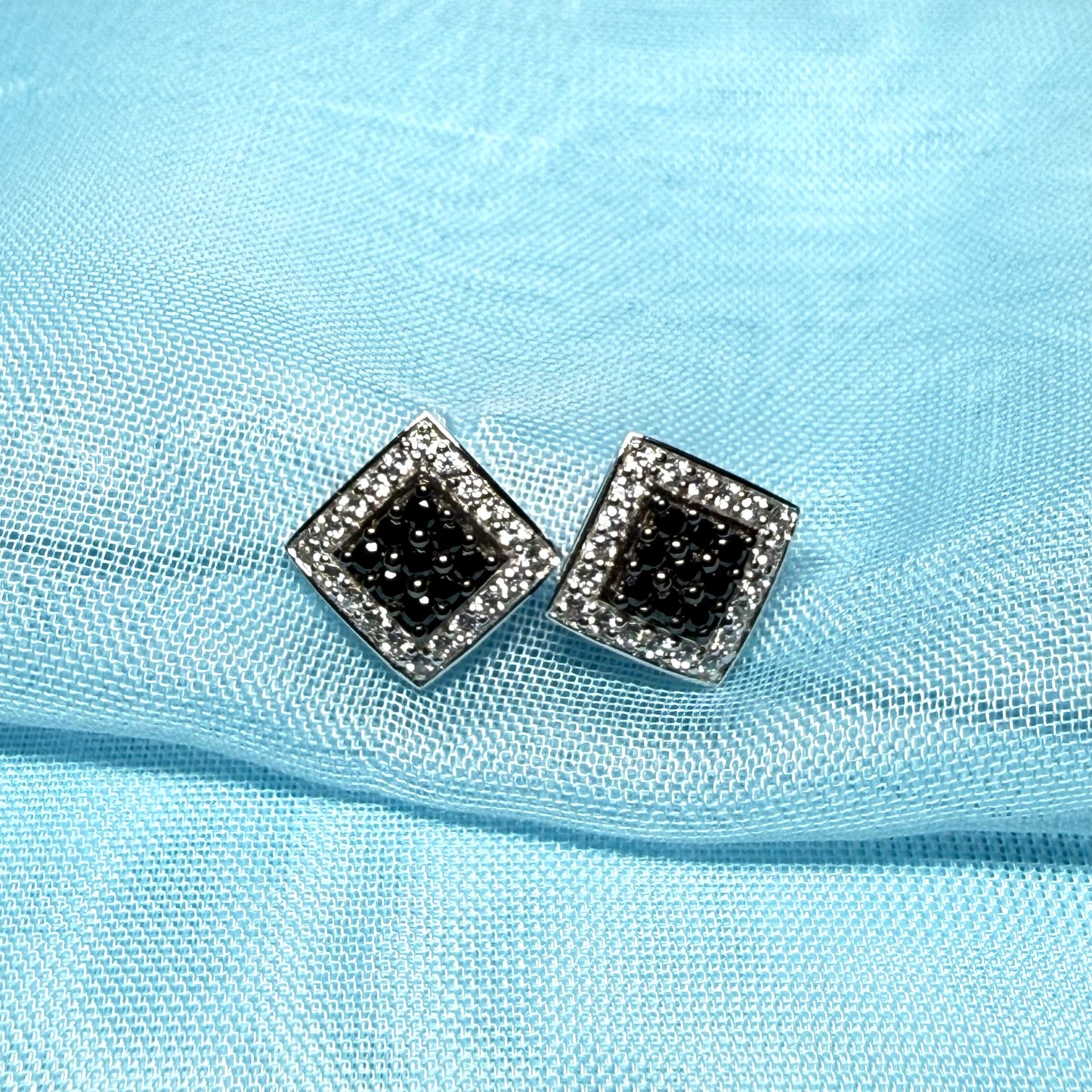 Cluster earrings black and white cubic zirconia square white gold