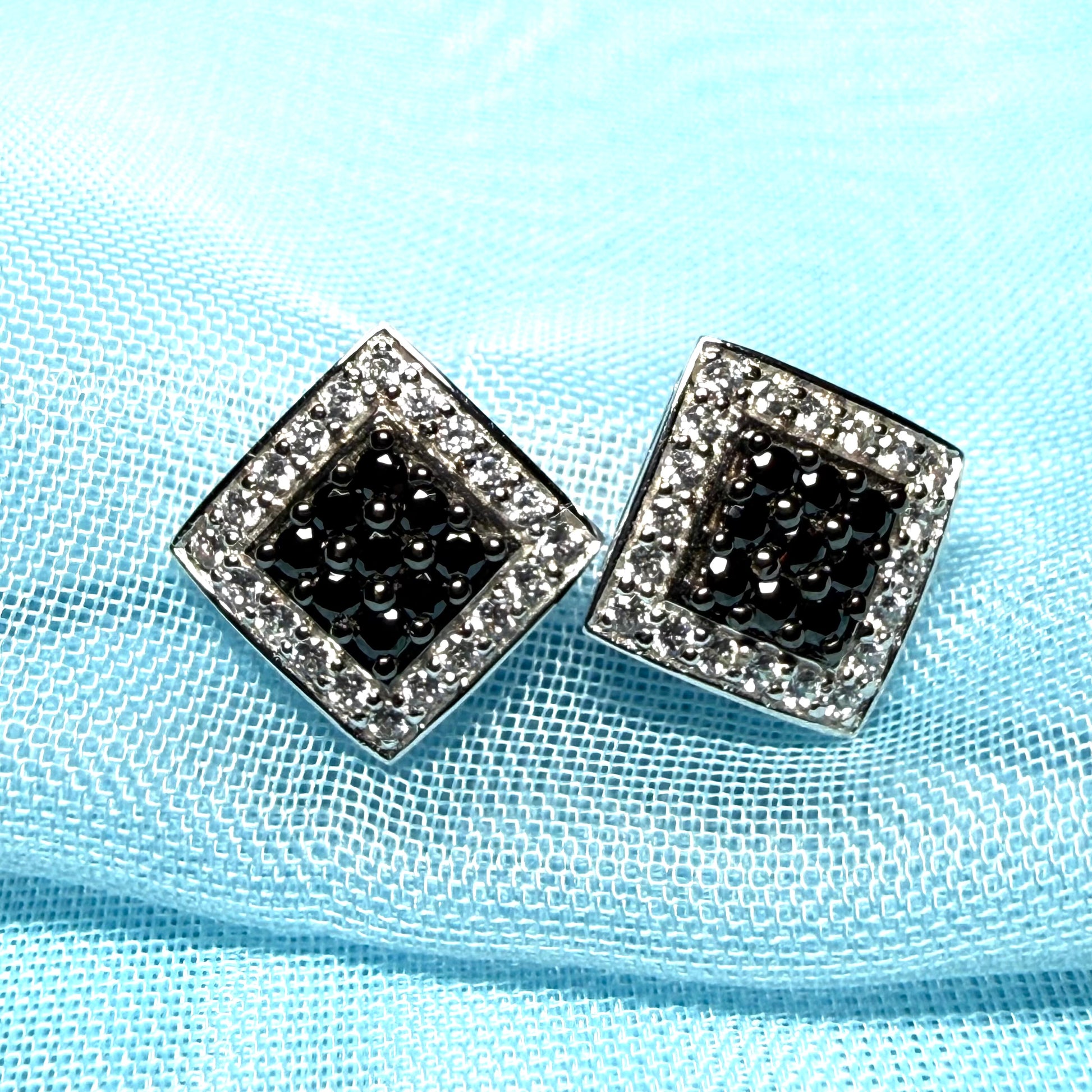 Cluster earrings black and white cubic zirconia square white gold