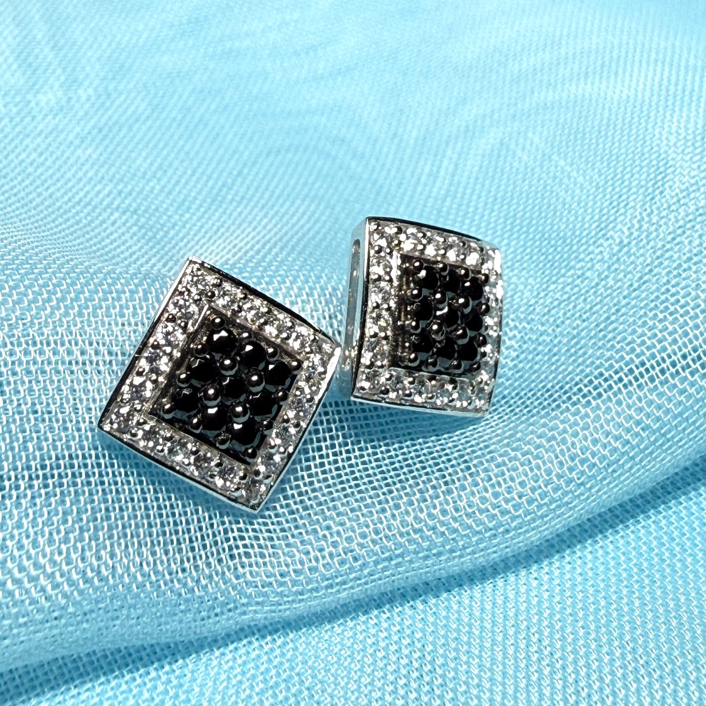 Cluster earrings black and white cubic zirconia square white gold