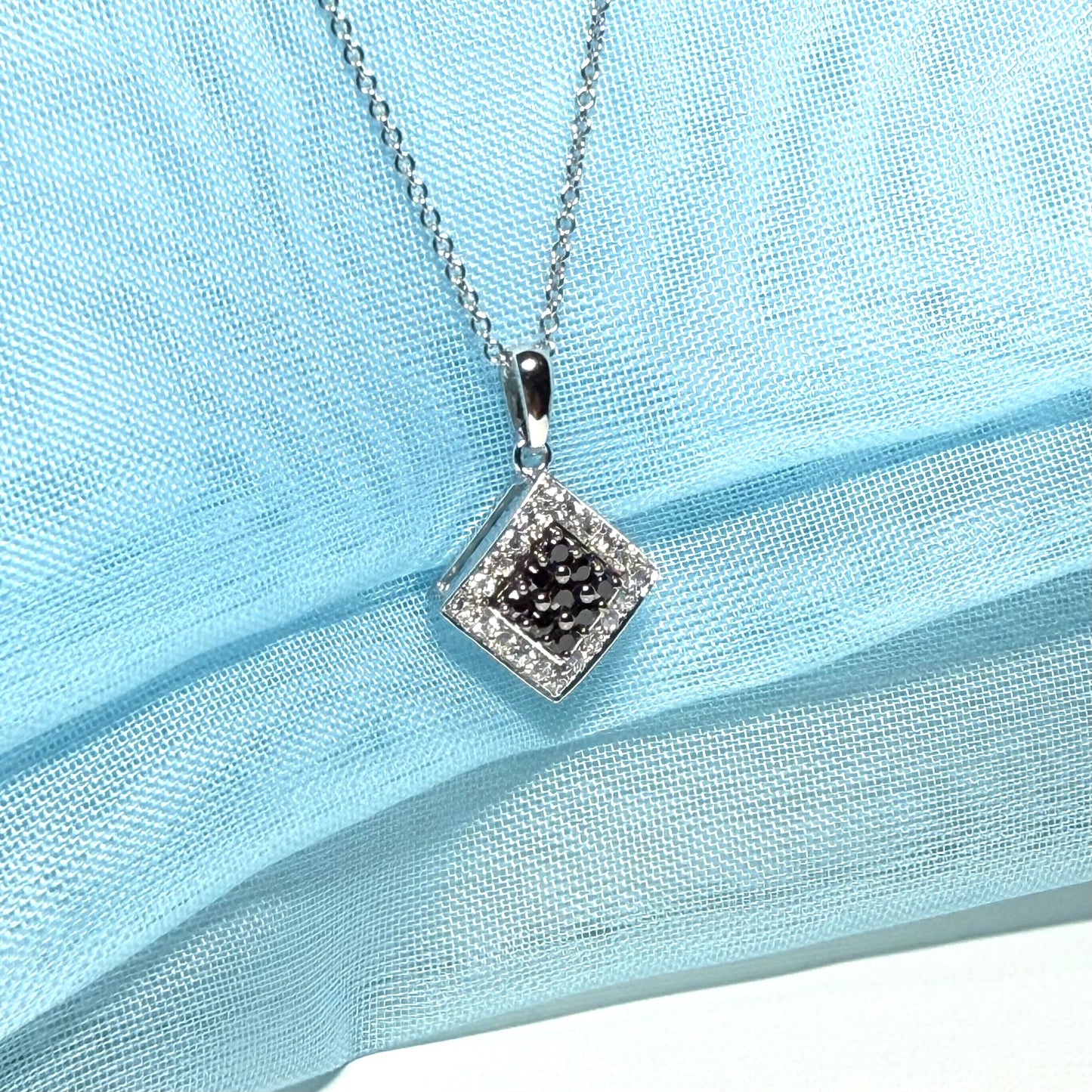 Cluster necklace black and white cubic zirconia square white gold pendant