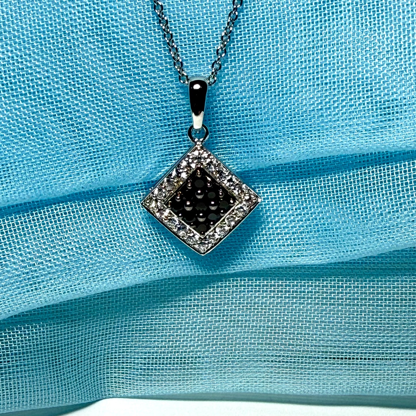 Cluster necklace black and white cubic zirconia square white gold pendant