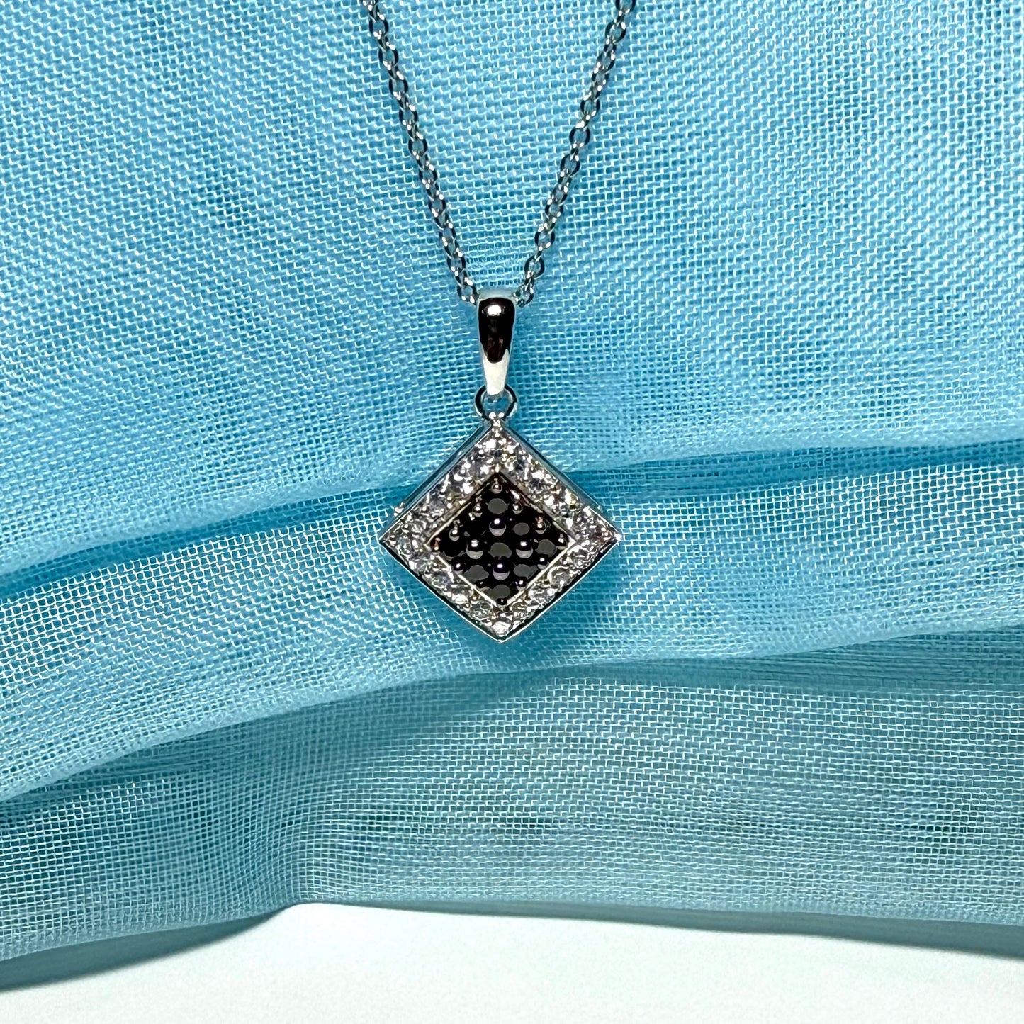 Cluster necklace black and white cubic zirconia square white gold pendant