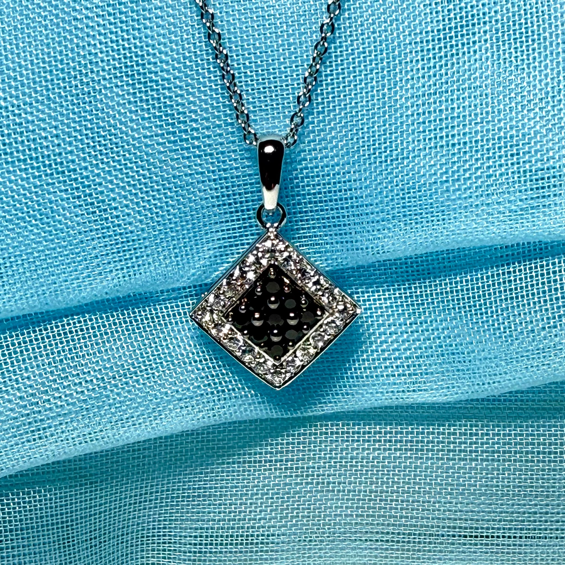 Cluster necklace black and white cubic zirconia square white gold pendant