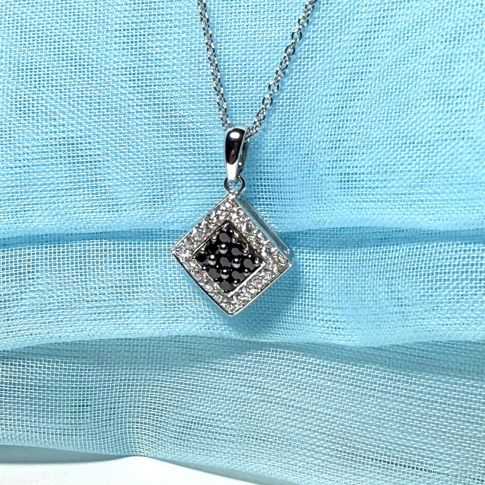 Cluster necklace black and white cubic zirconia square white gold pendant