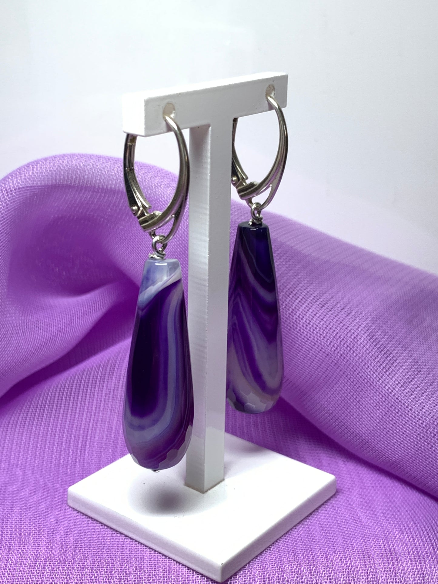 Copy of Purple agate tear drop shaped long drop earrings