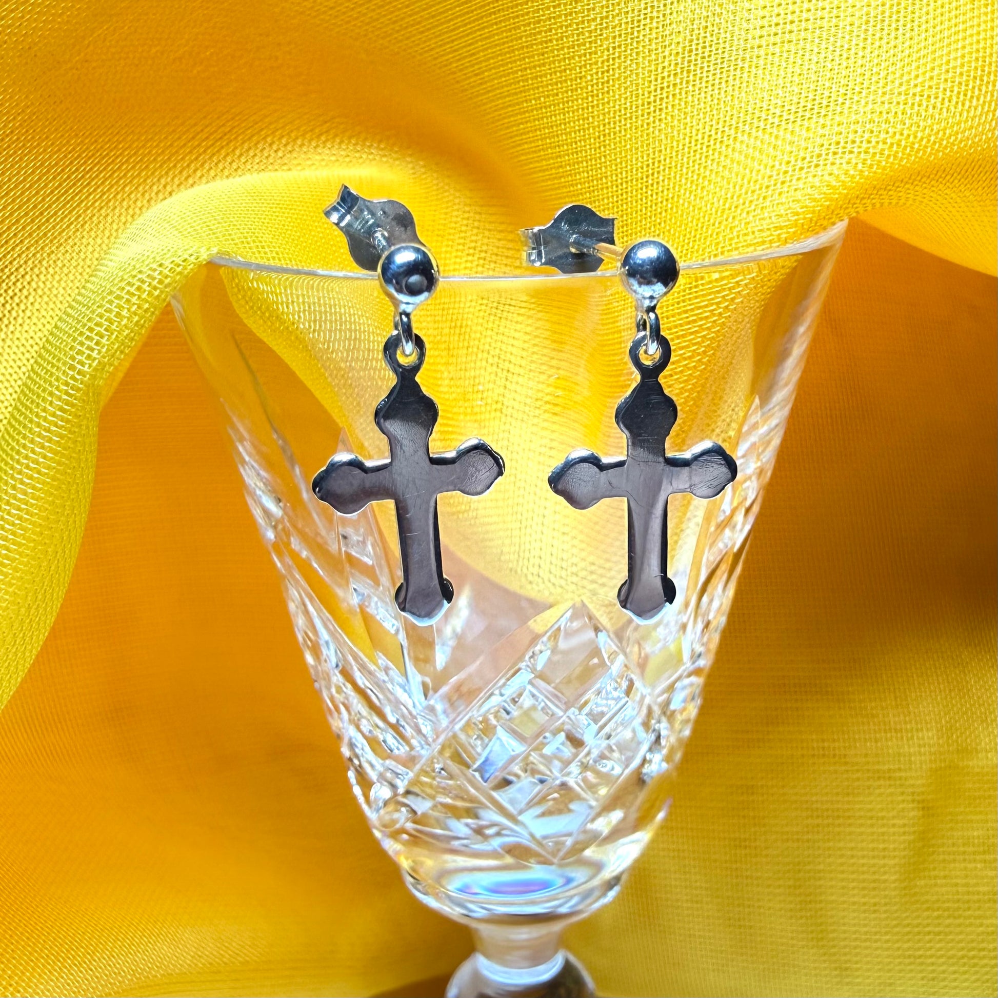 Cross drop earrings plain polished sterling silver shaped