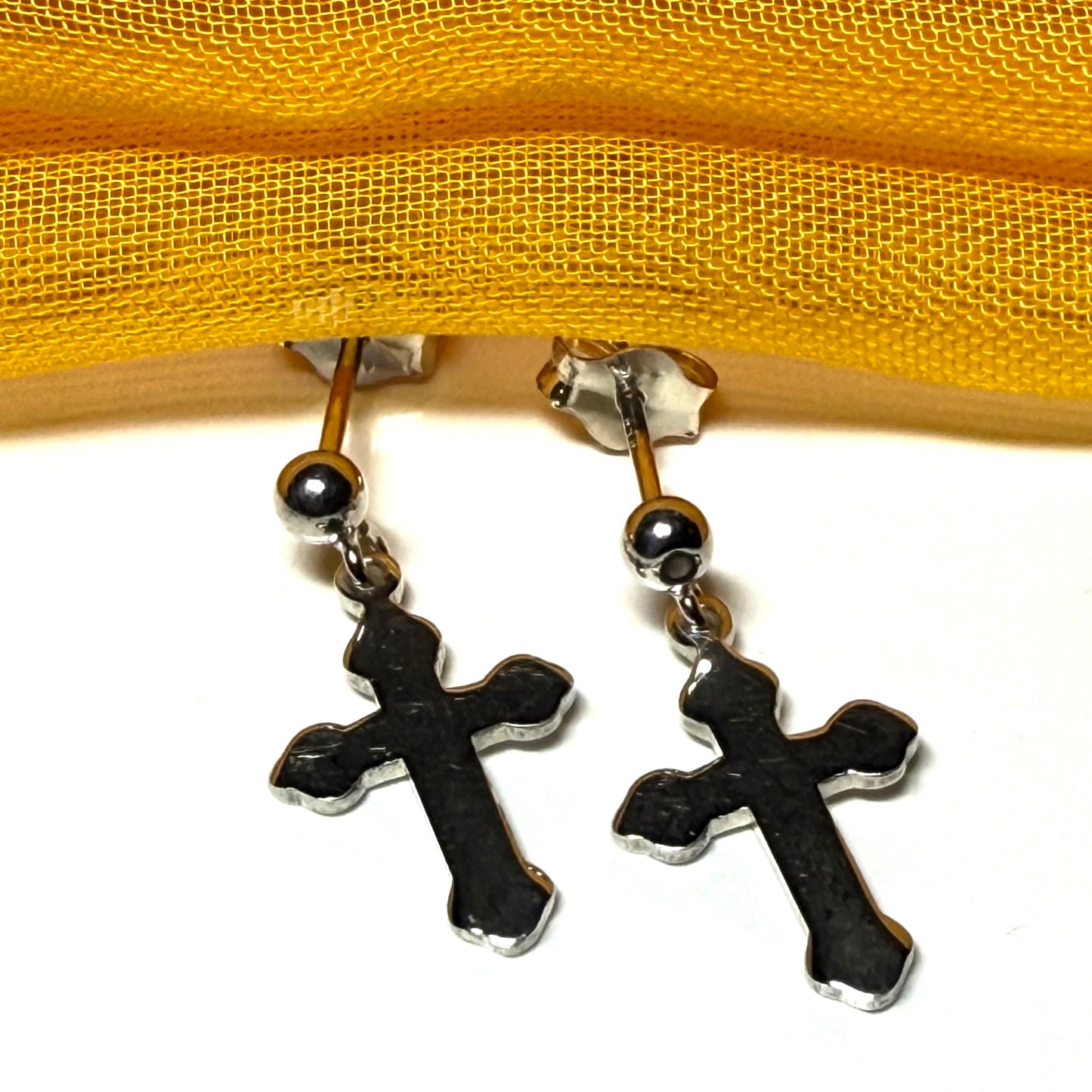 Cross drop earrings plain polished sterling silver shaped