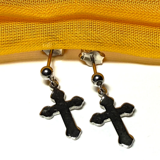 Cross drop earrings plain polished sterling silver shaped