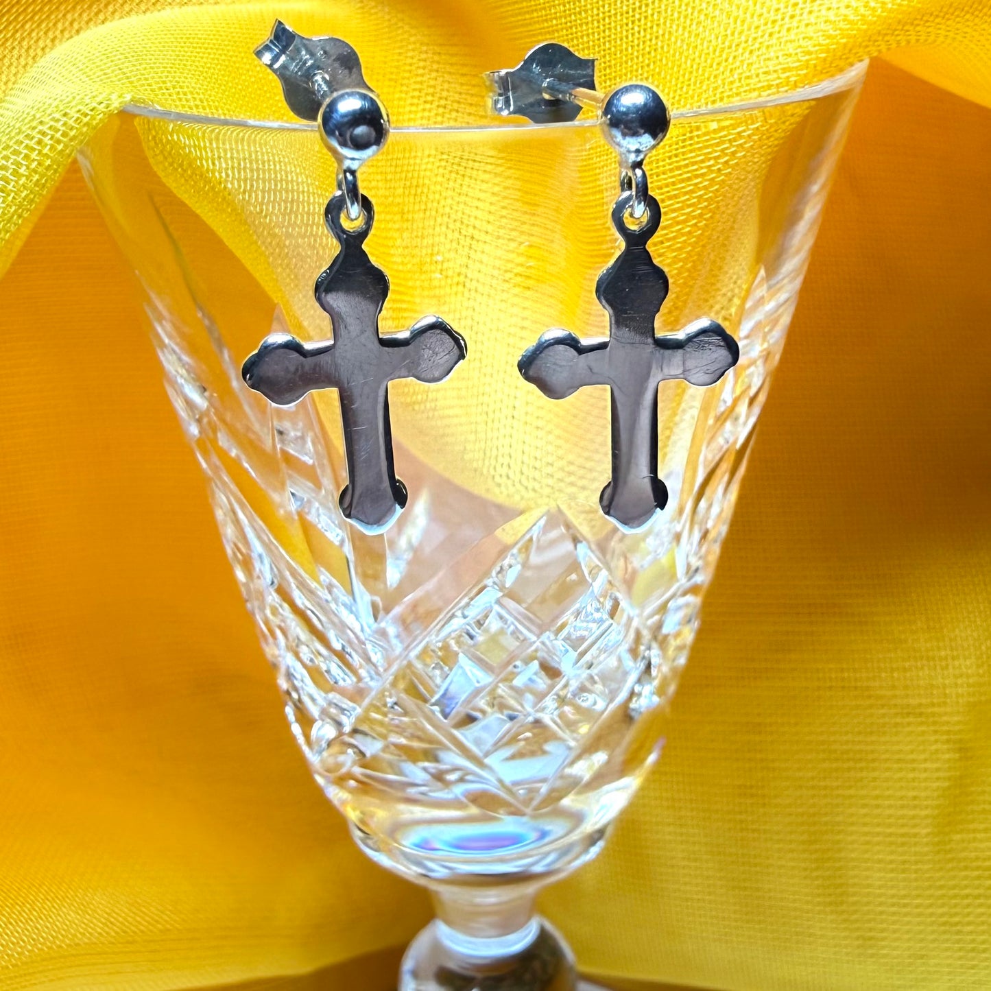 Cross drop earrings plain polished sterling silver shaped
