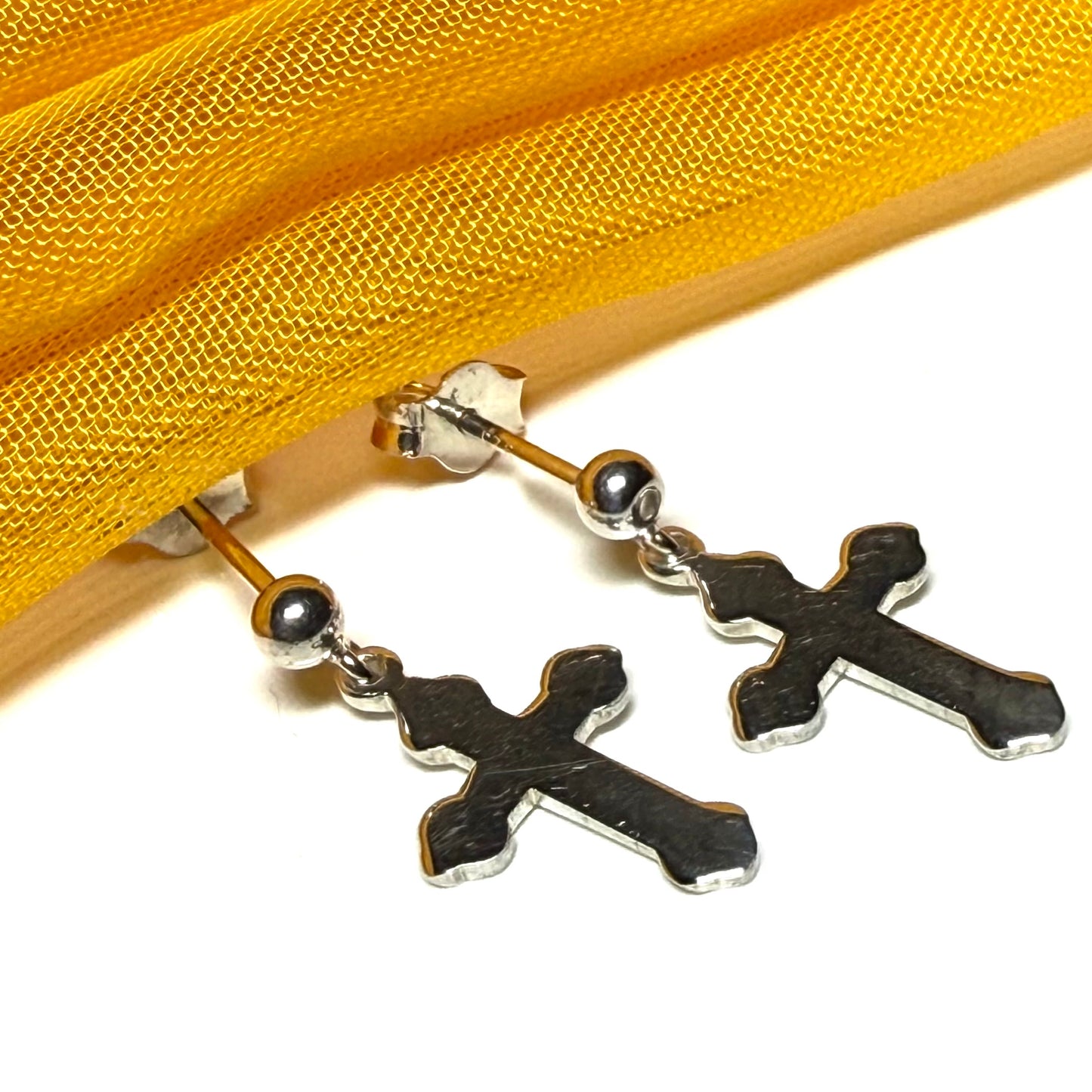 Cross drop earrings plain polished sterling silver shaped