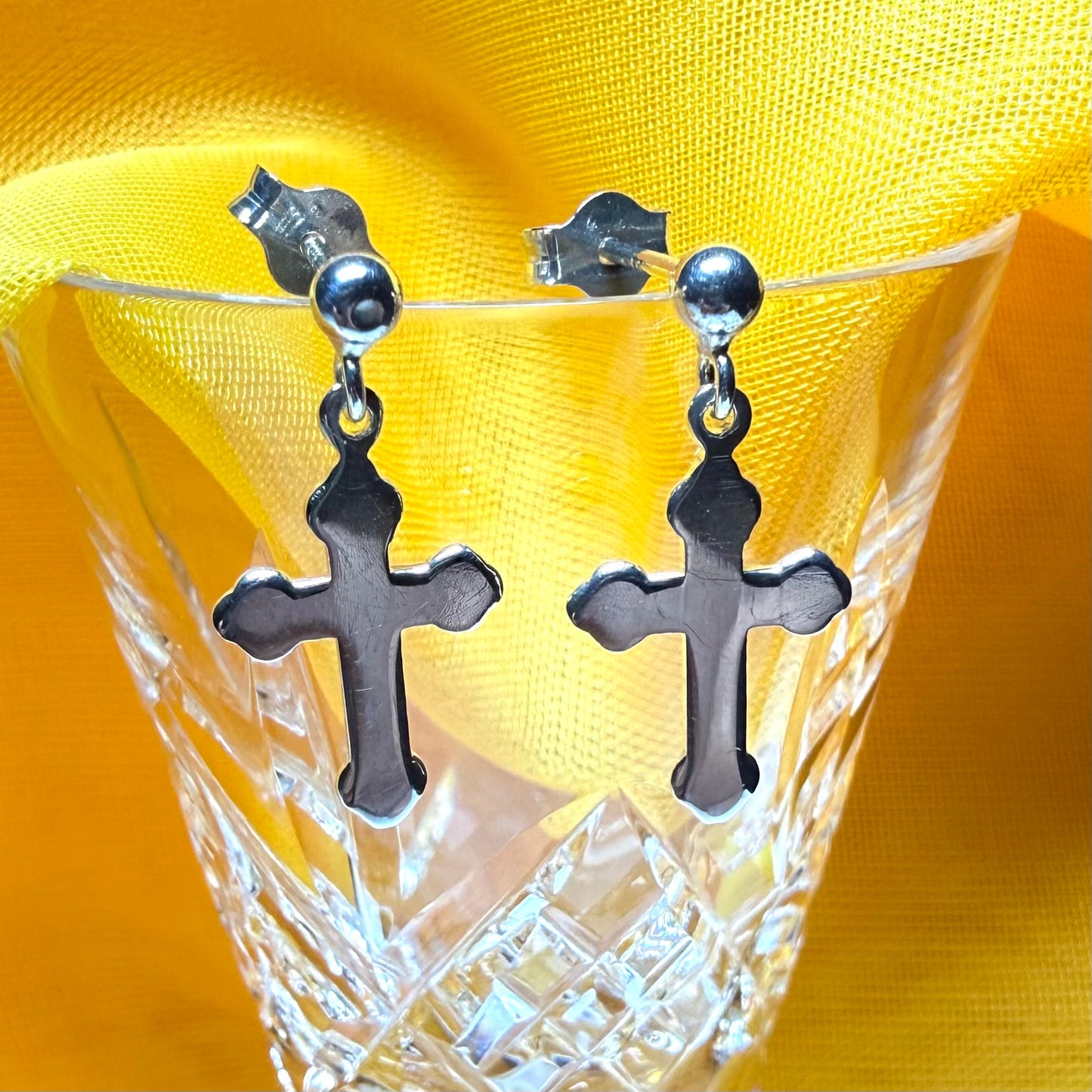 Cross drop earrings plain polished sterling silver shaped