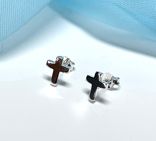 Cross stud earrings plain polished sterling silver