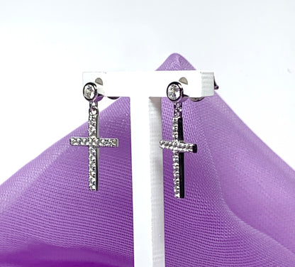 Cross earrings drop sparkling stone set cubic zirconia sterling silver