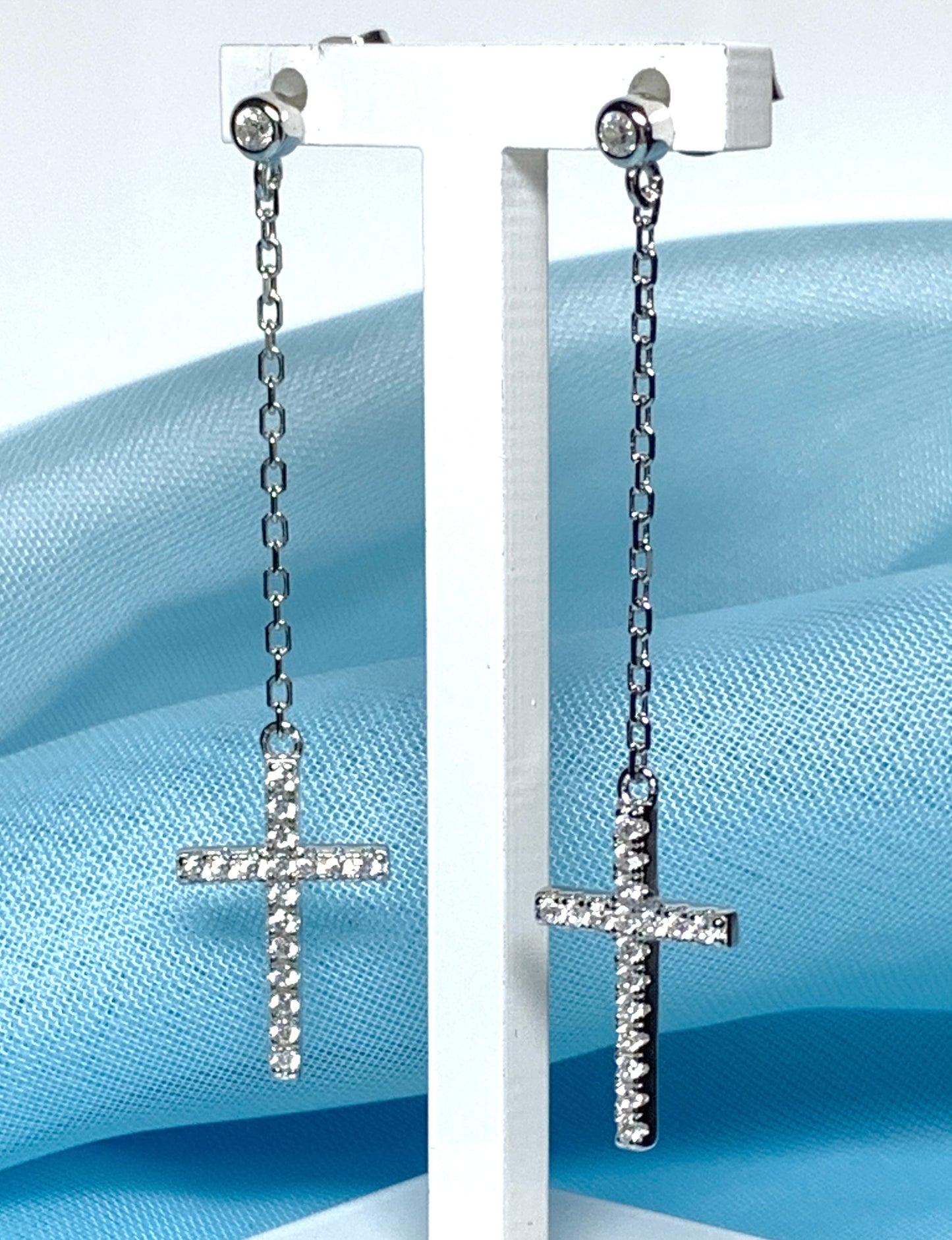 Cross earrings long drop sparkling stone set cubic zirconia sterling silver