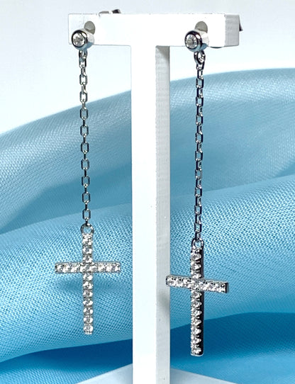 Cross earrings long drop sparkling stone set cubic zirconia sterling silver