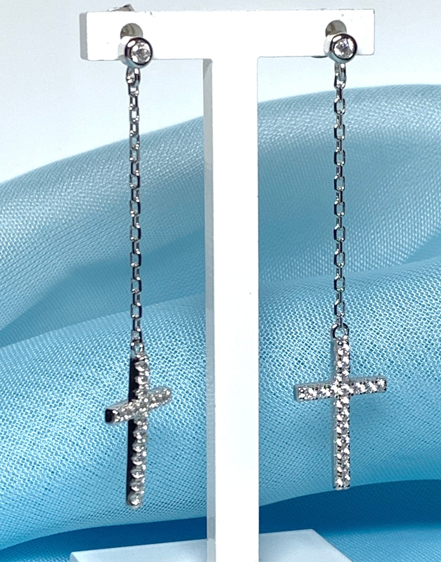 Cross earrings long drop sparkling stone set cubic zirconia sterling silver