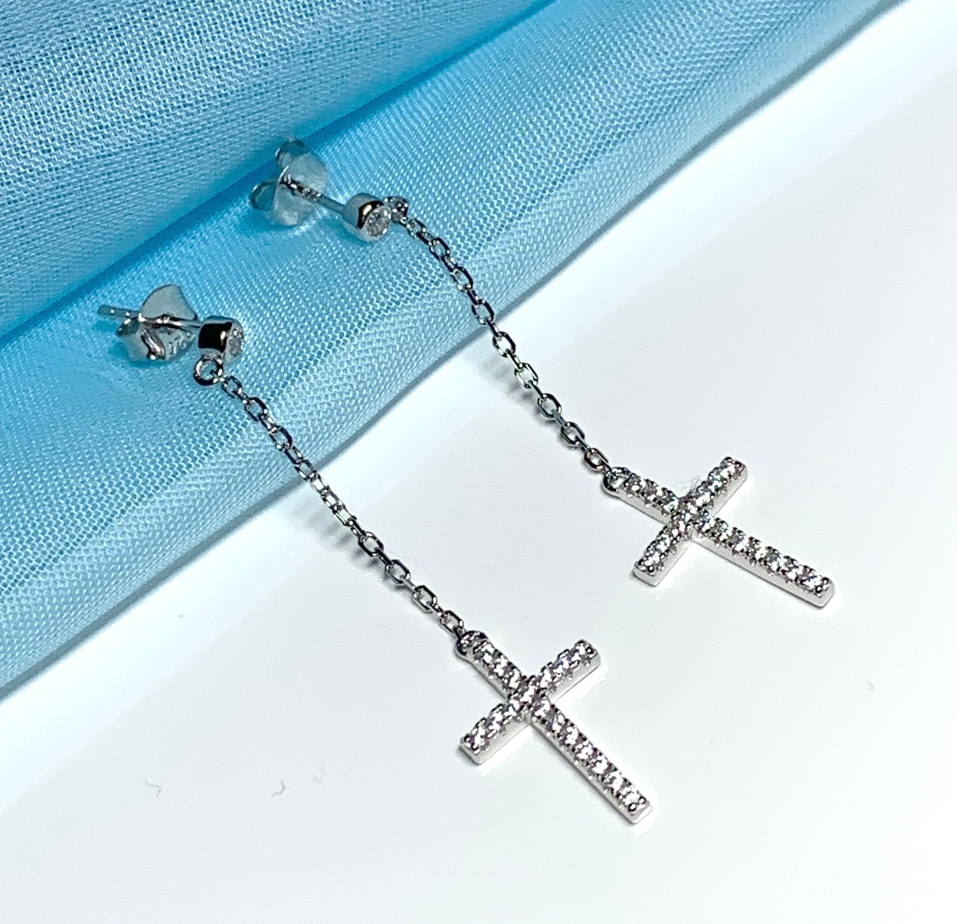 Cross earrings long drop sparkling stone set cubic zirconia sterling silver