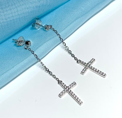 Cross earrings long drop sparkling stone set cubic zirconia sterling silver