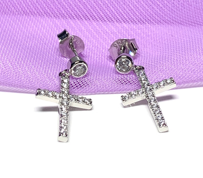 Cross drop earrings sparkling stone set cubic zirconia sterling silver