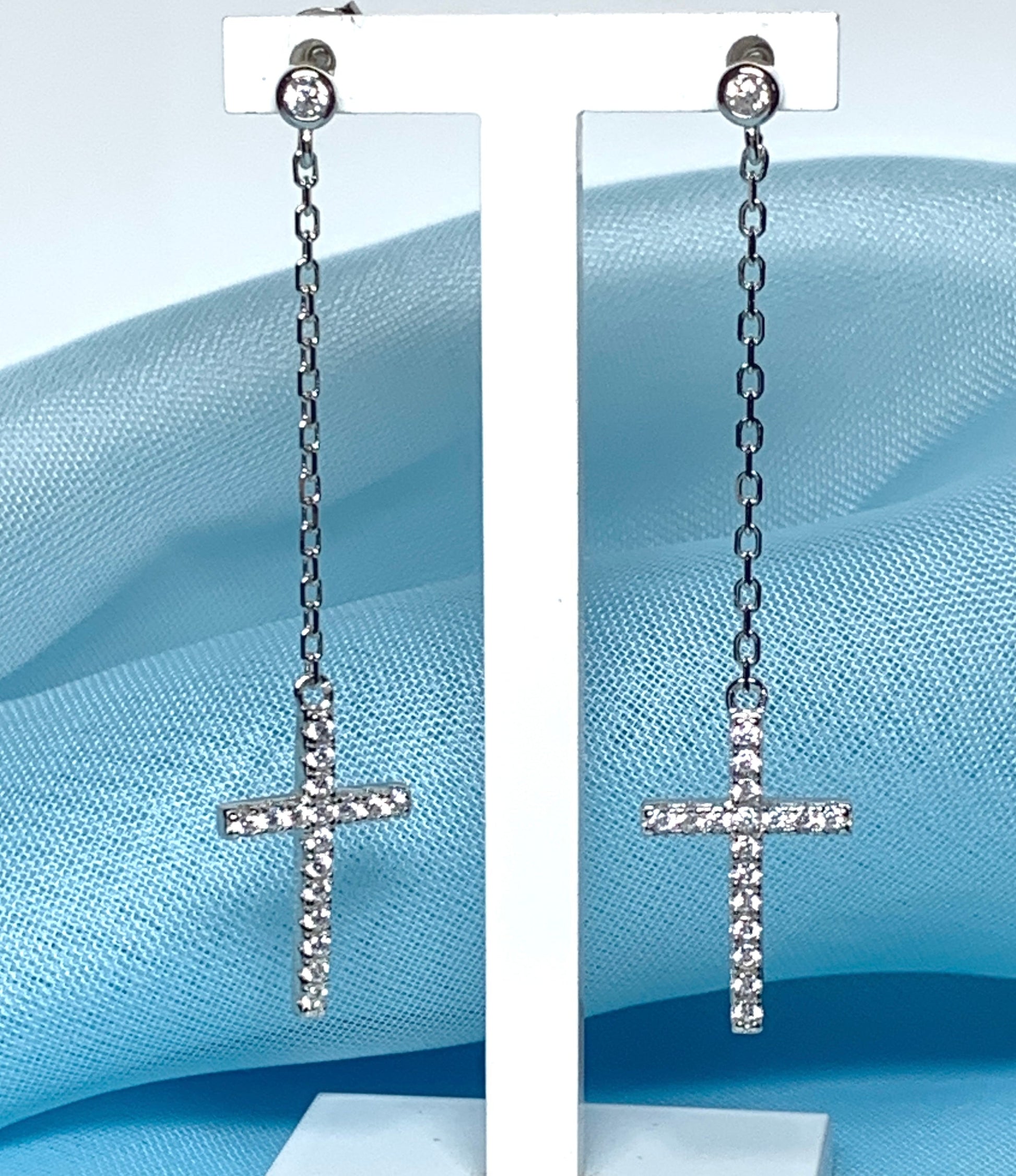 Cross earrings long drop sparkling stone set cubic zirconia sterling silver