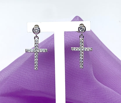 Cross earrings drop sparkling stone set cubic zirconia sterling silver