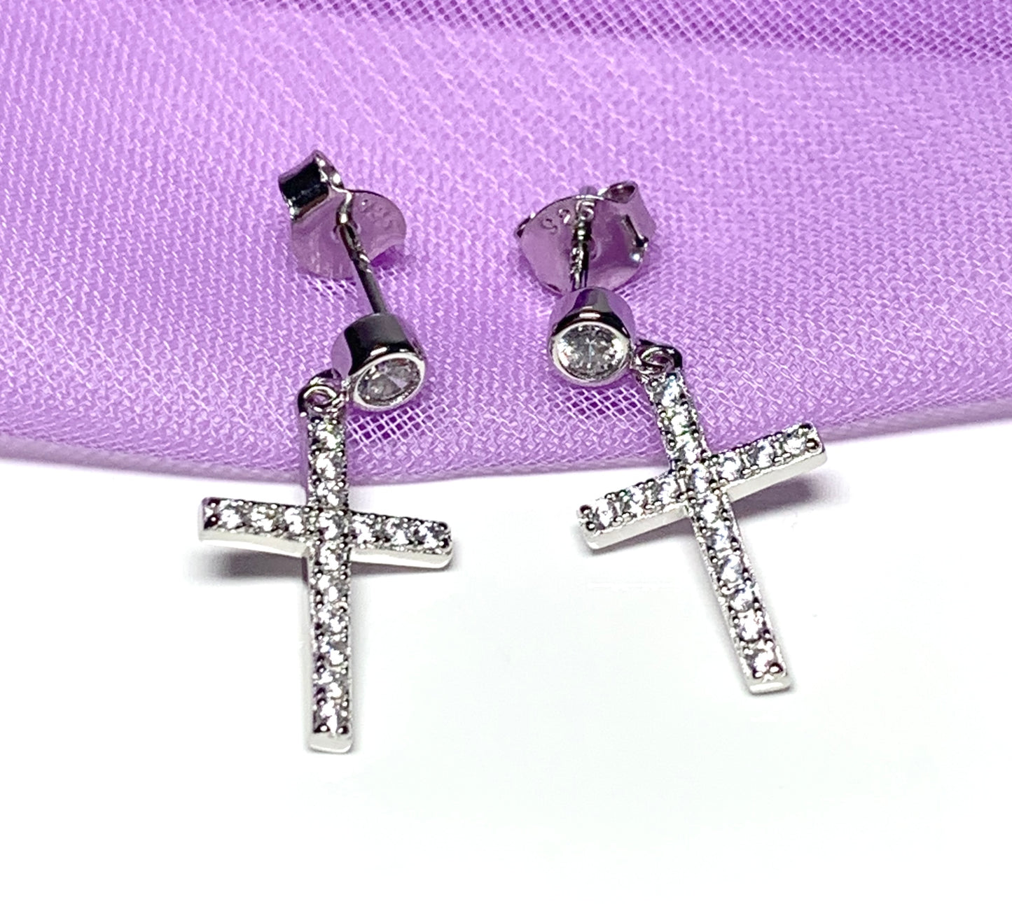 Cross drop earrings sparkling stone set cubic zirconia sterling silver