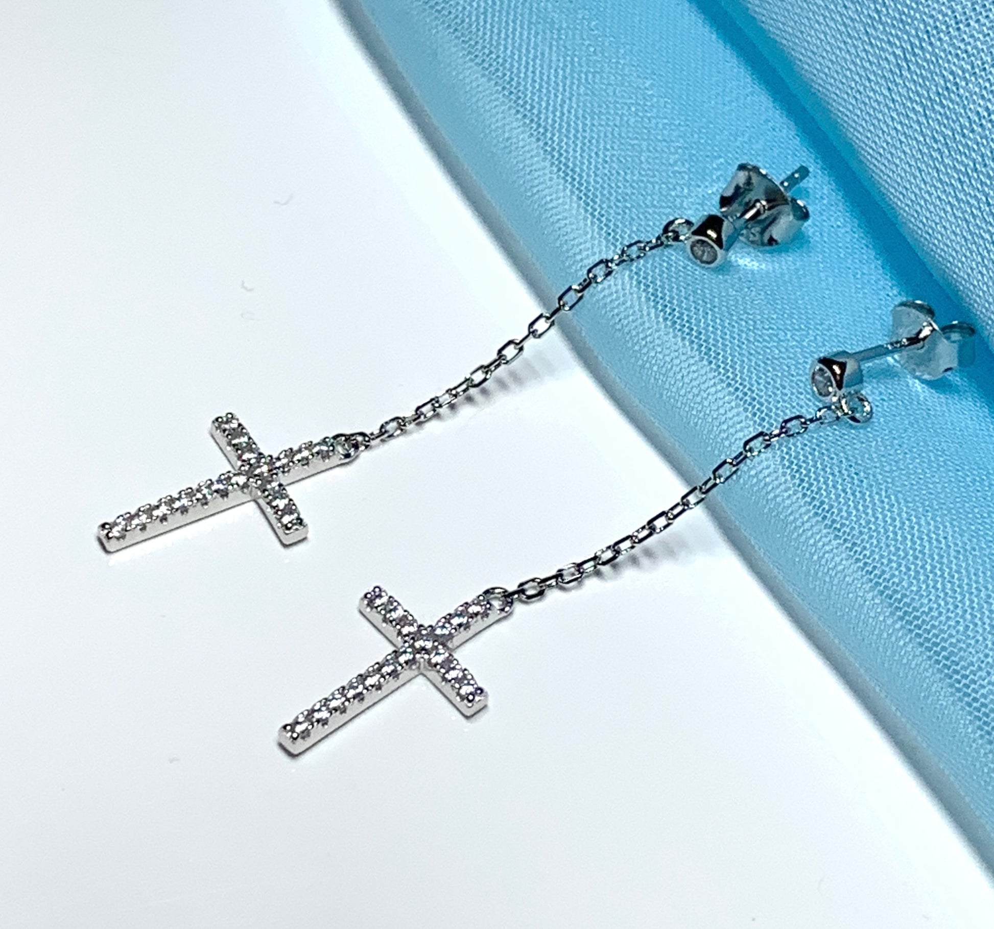 Cross earrings long drop sparkling stone set cubic zirconia sterling silver