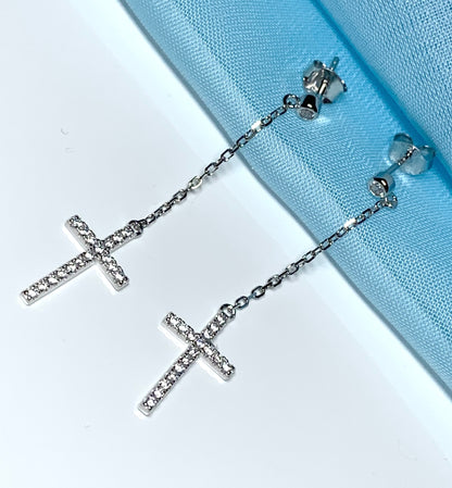 Cross earrings long drop sparkling stone set cubic zirconia sterling silver