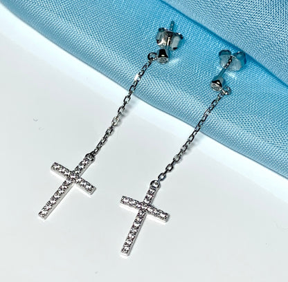 Cross earrings long drop sparkling stone set cubic zirconia sterling silver