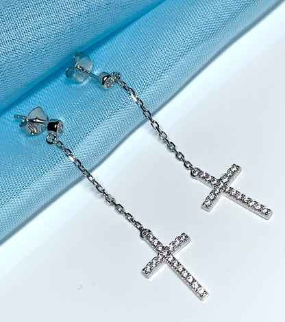 Cross earrings long drop sparkling stone set cubic zirconia sterling silver