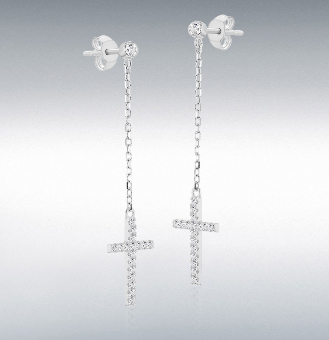 Cross earrings long drop sparkling stone set cubic zirconia sterling silver