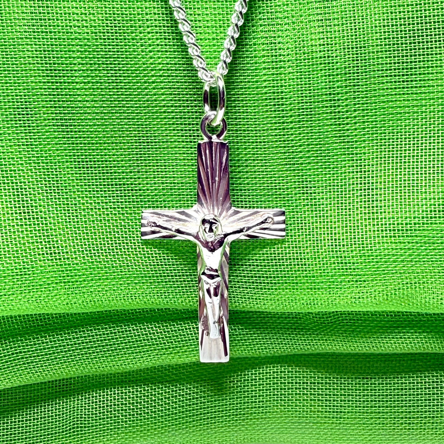 Crucifix with bark effect diamond cut solid sterling silver cross necklace with chain