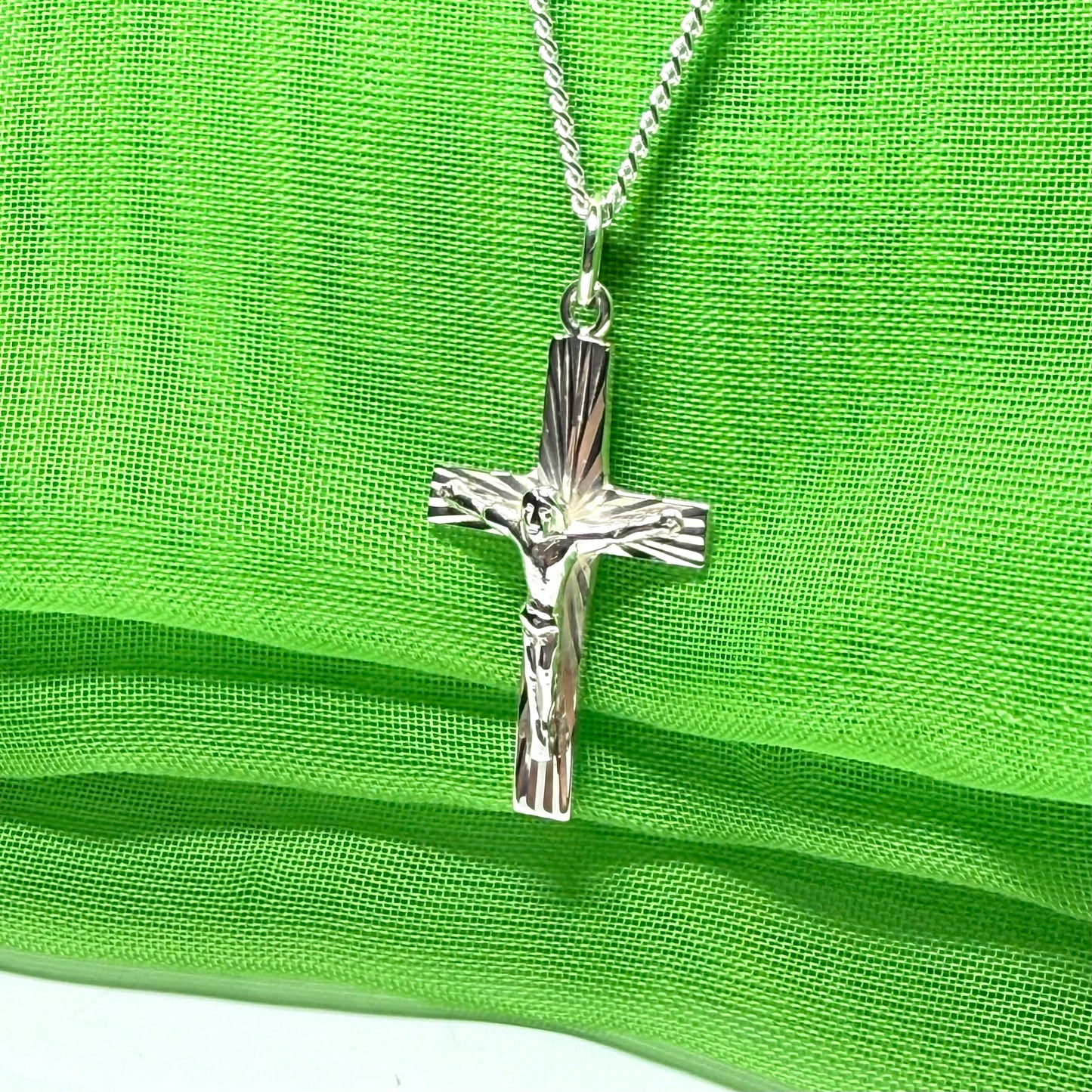 Crucifix with bark effect diamond cut solid sterling silver cross necklace with chain