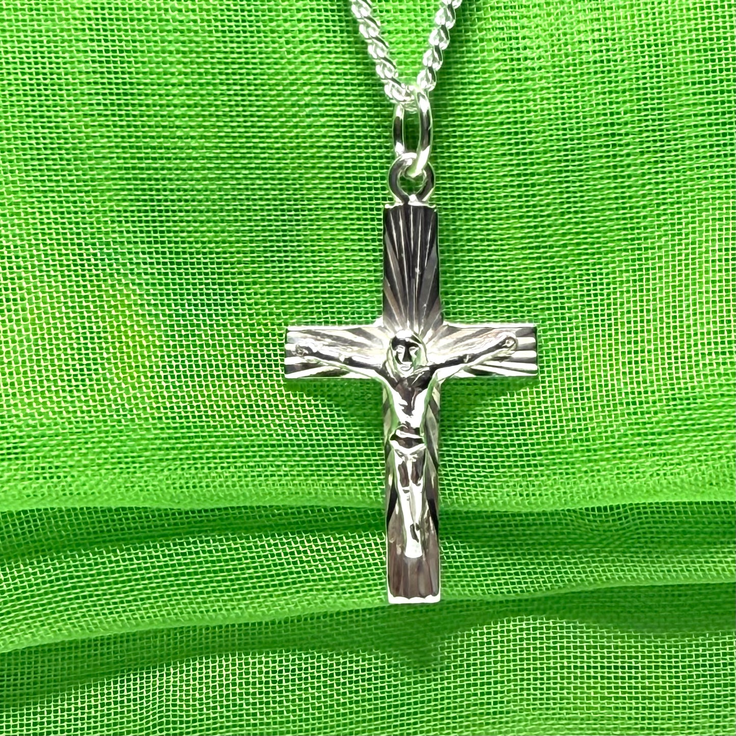 Crucifix with bark effect diamond cut solid sterling silver cross necklace with chain