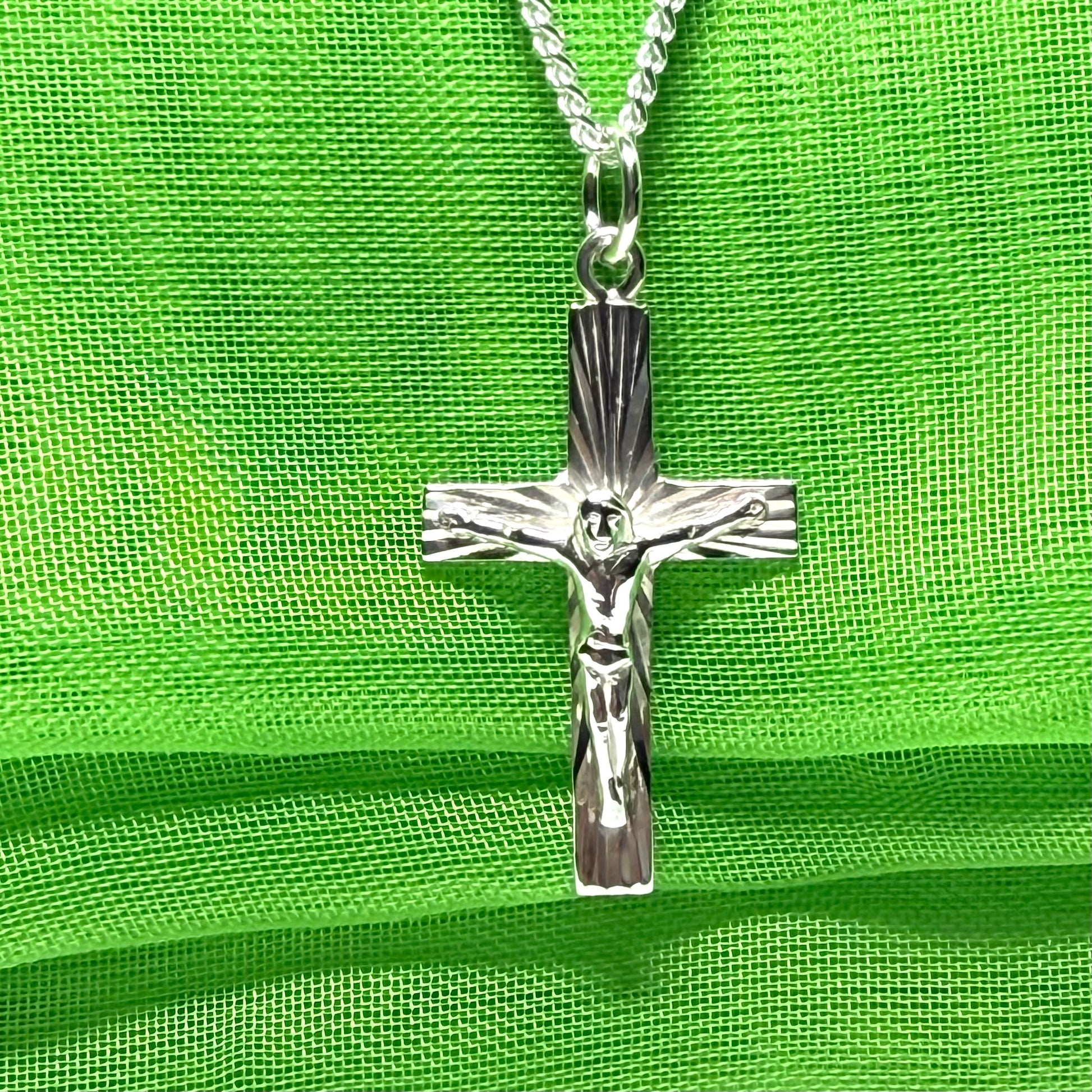 Crucifix with bark effect diamond cut solid sterling silver cross necklace with chain