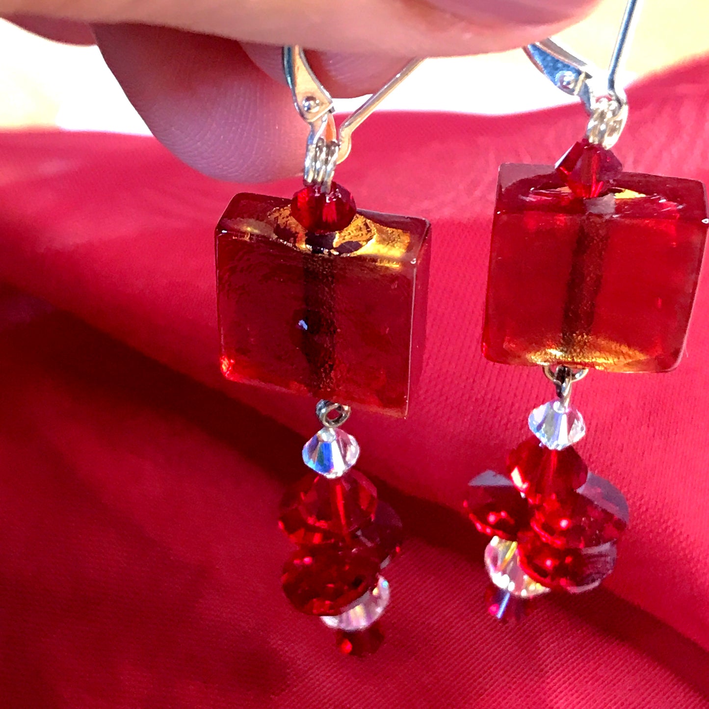 Cube designed red real Murano glass drop earrings