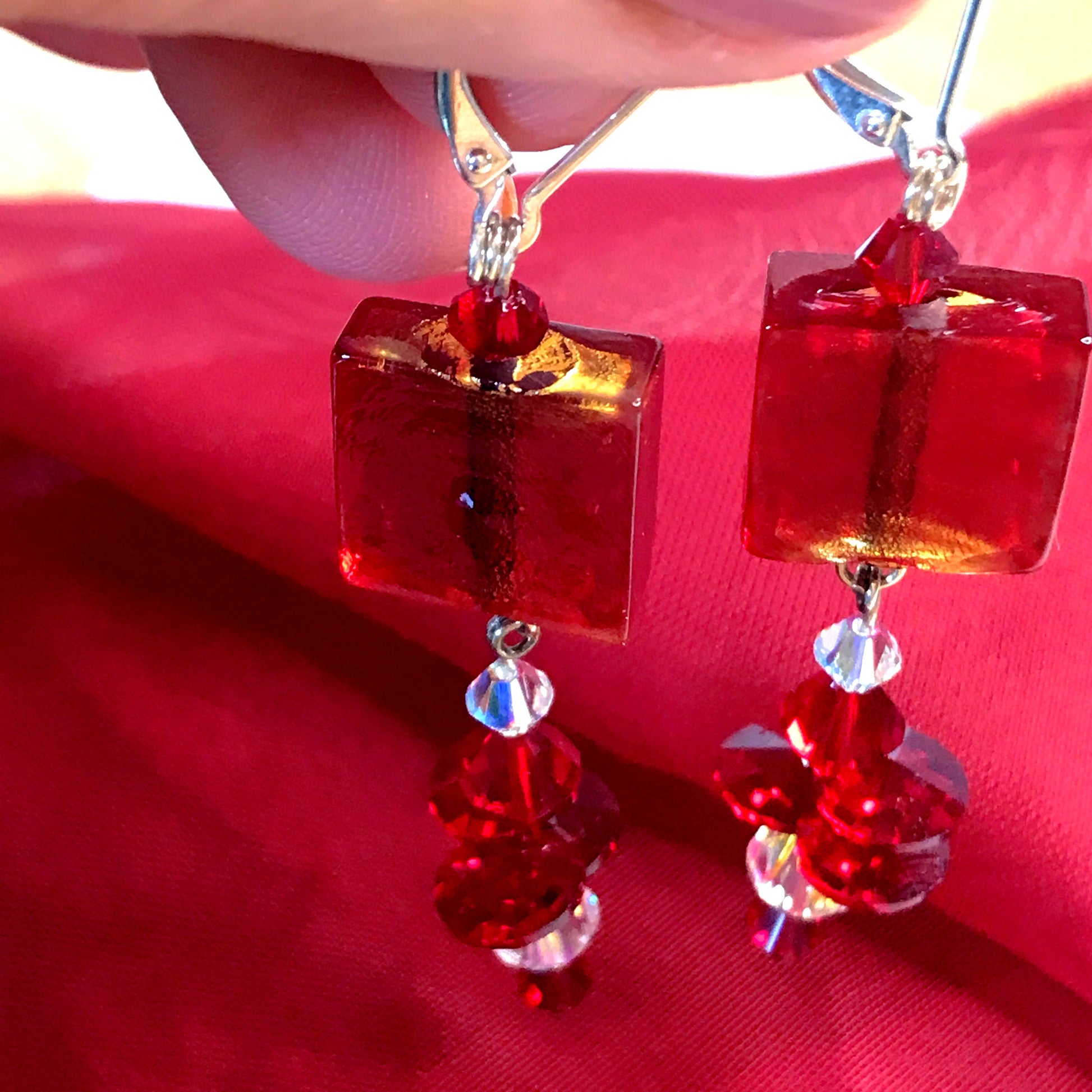Cube designed red real Murano glass drop earrings