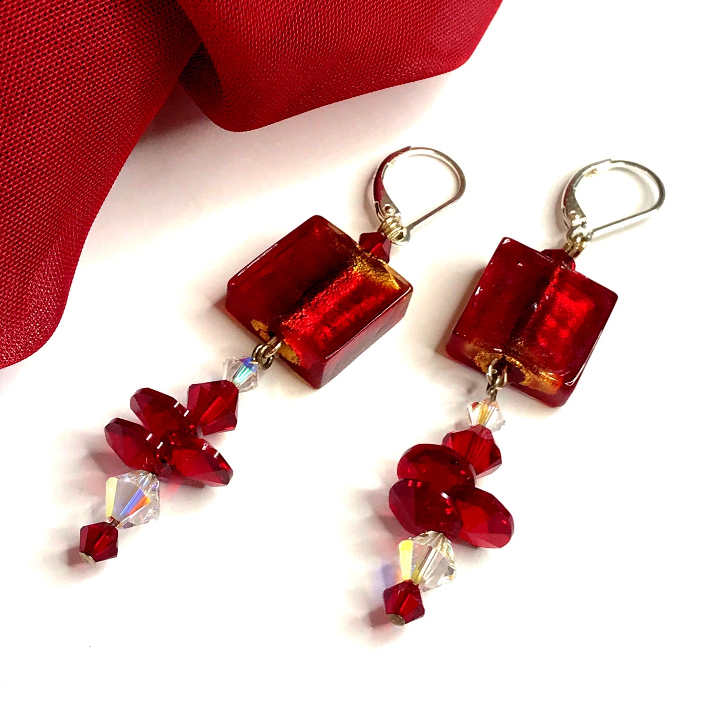 Cube designed red real Murano glass drop earrings
