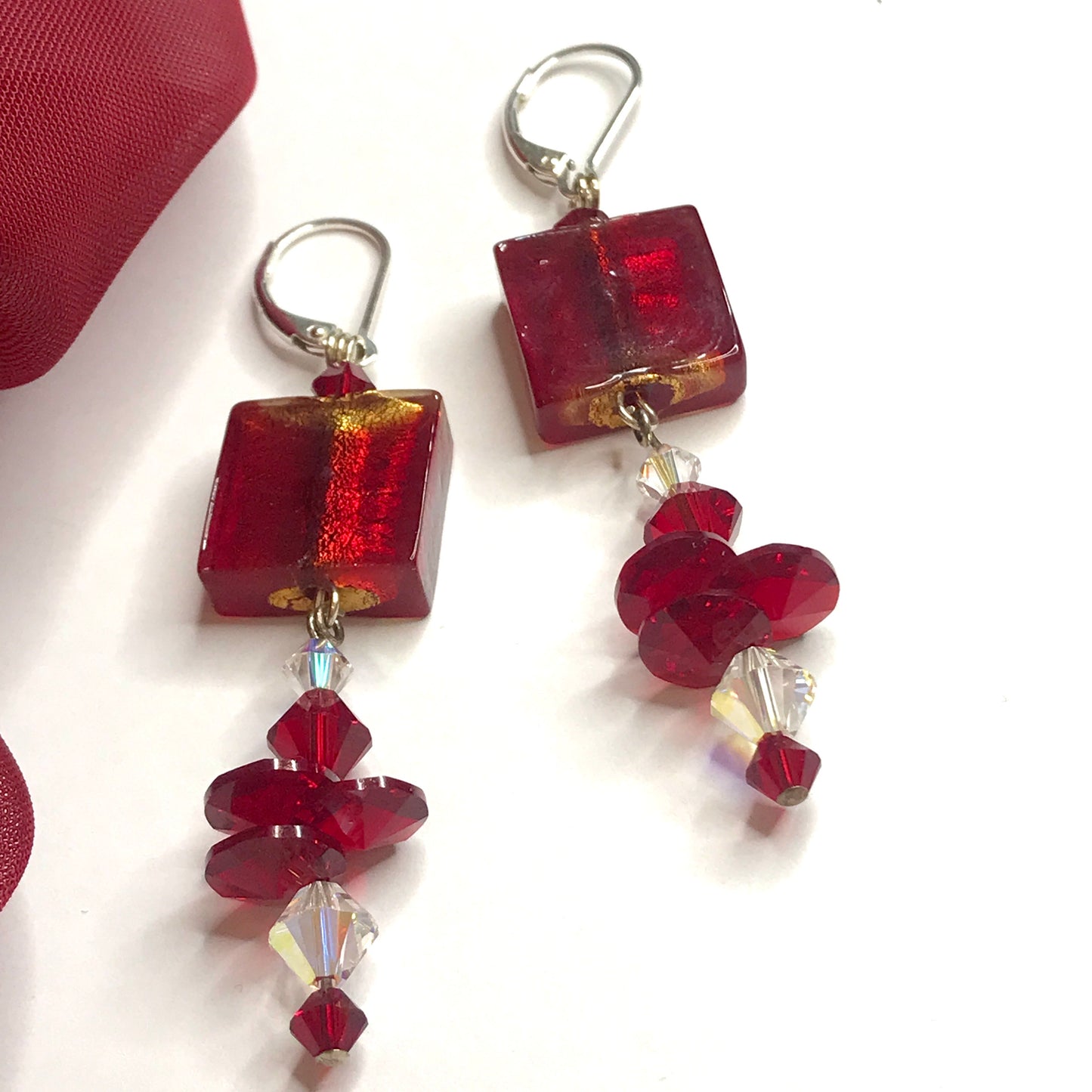 Cube designed red real Murano glass drop earrings