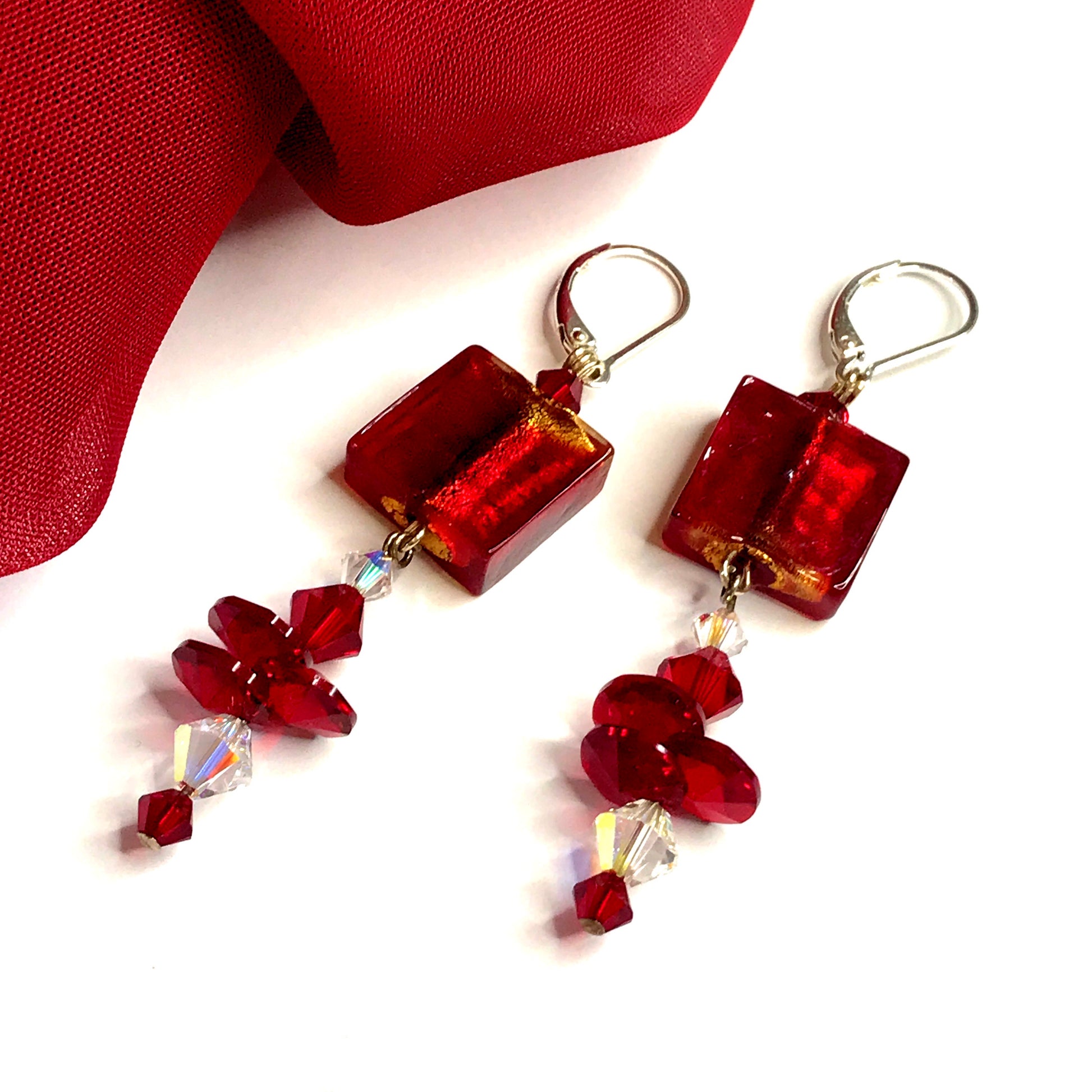 Cube designed red real Murano glass drop earrings