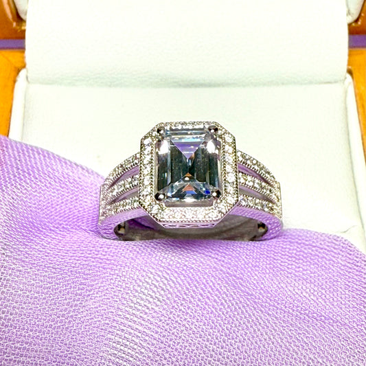 Cubic zirconia sterling silver emerald cut fancy dress ring