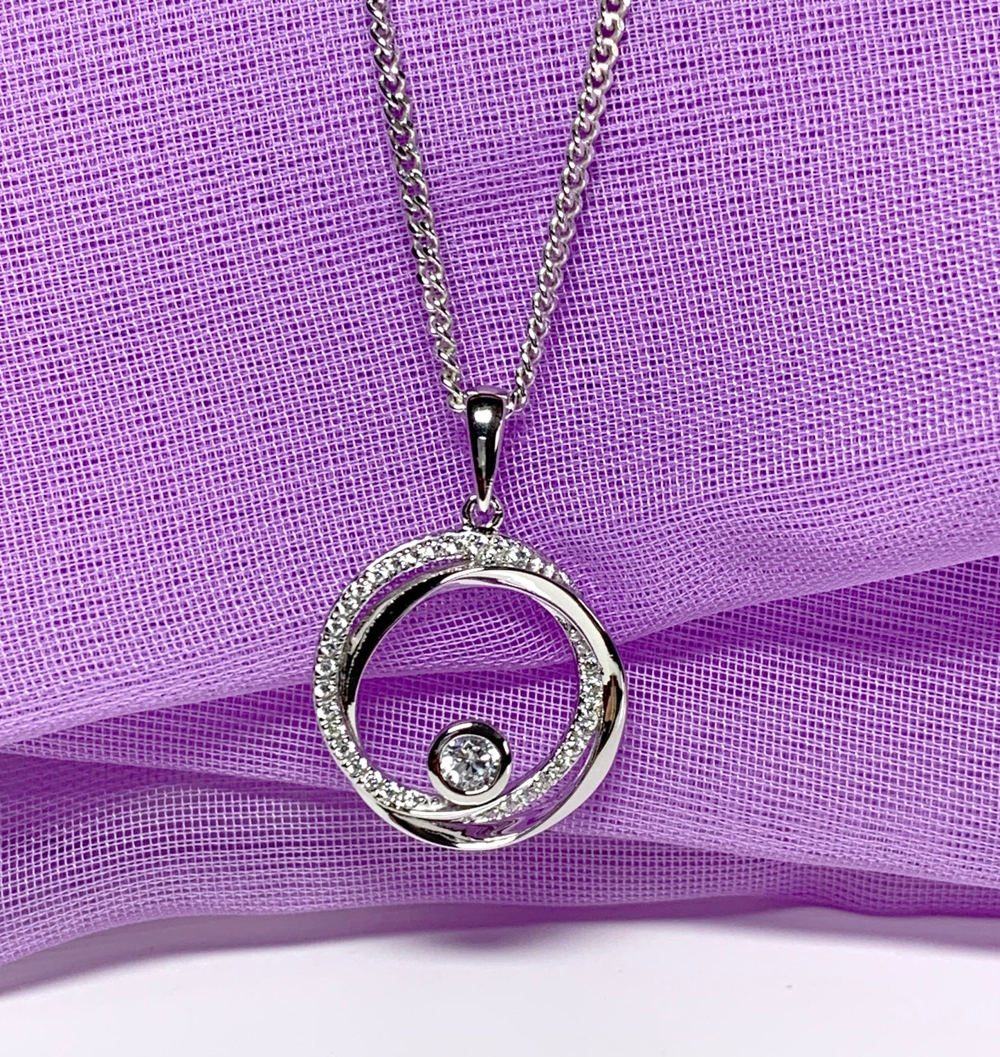 Cubic zirconia round necklace swirl pendant Circle of Life