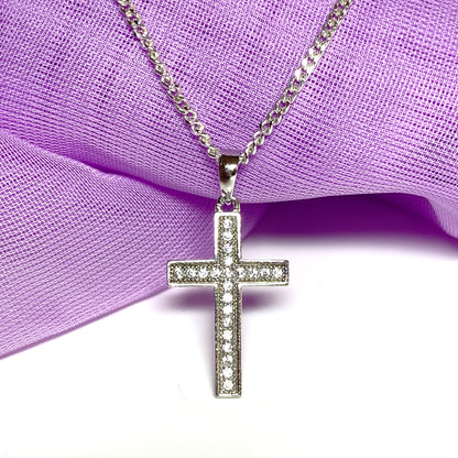 Cubic zirconia set cross including chain sterling silver