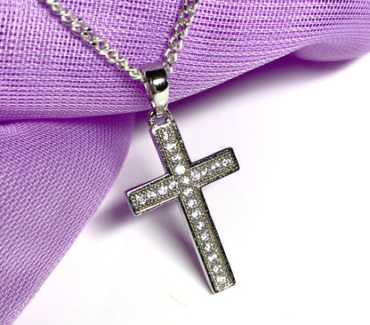 Cubic zirconia set cross including chain sterling silver